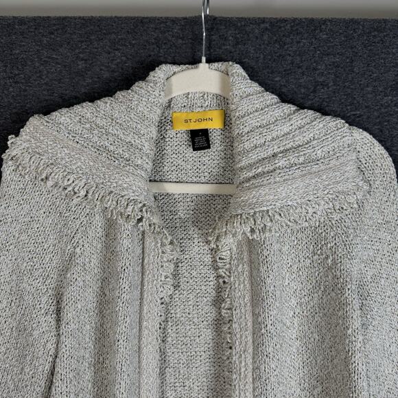 ST.JOHN Women’s Knit Cardigan Jacket Sweater P Petite Beige Metallic Fringe Trim - Picture 5 of 11